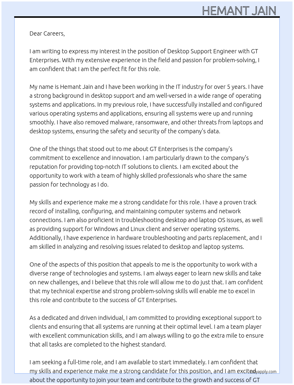 Desktop Support Engineer At Gt enterprises Cover Letter