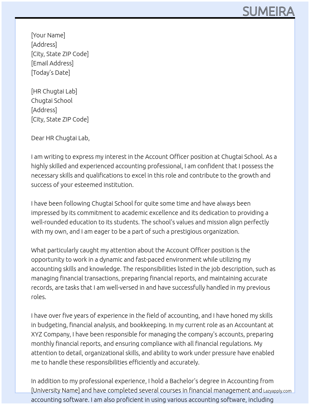 account officer At chugtai school Cover Letter