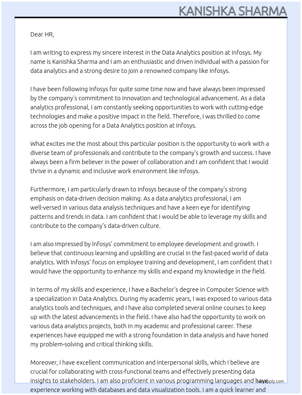 data analytics At infosys Cover Letter