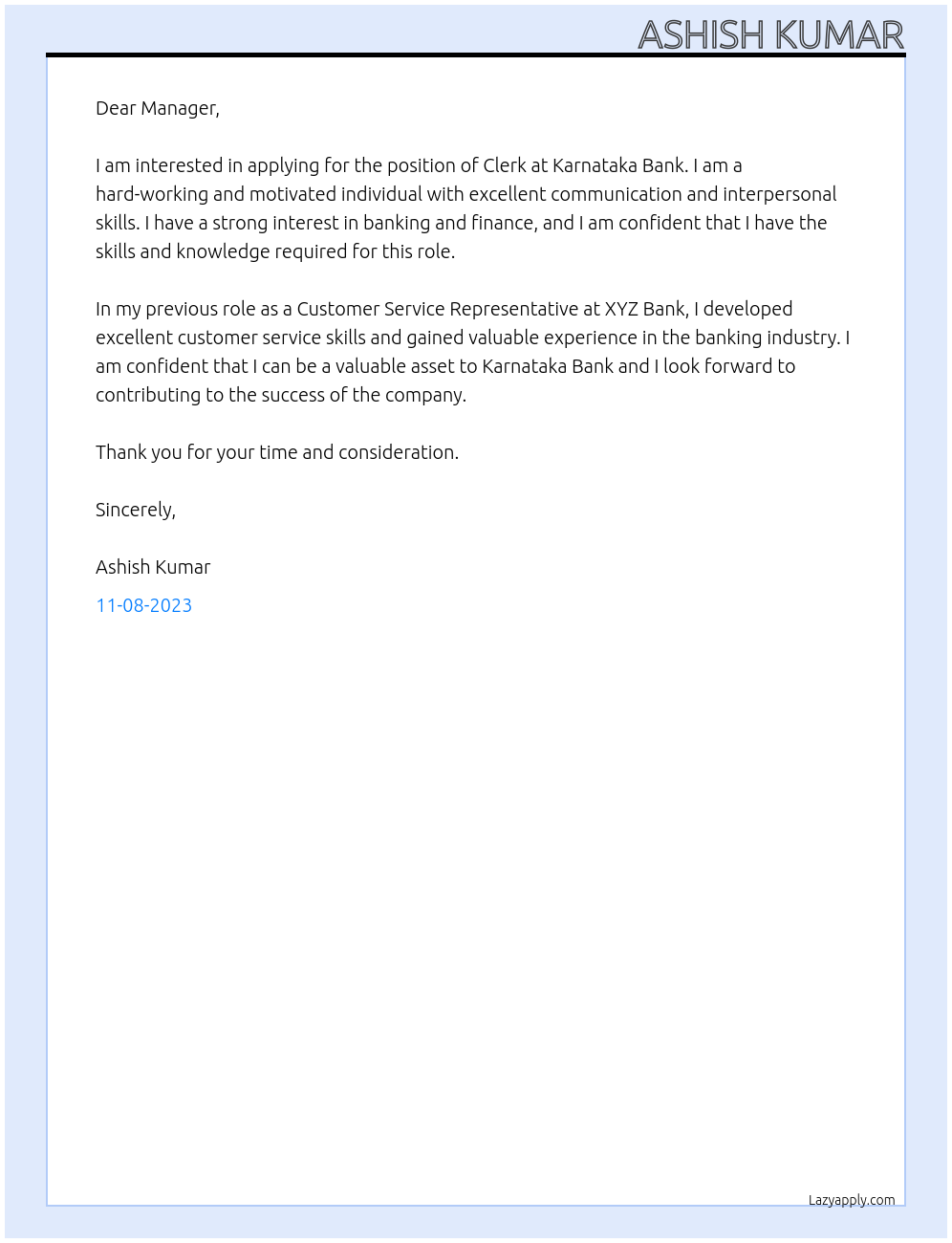 Clerk  At Karnataka Bank  Cover Letter