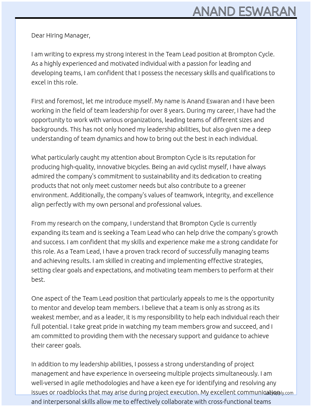 Team Lead At brompton Cycle Cover Letter
