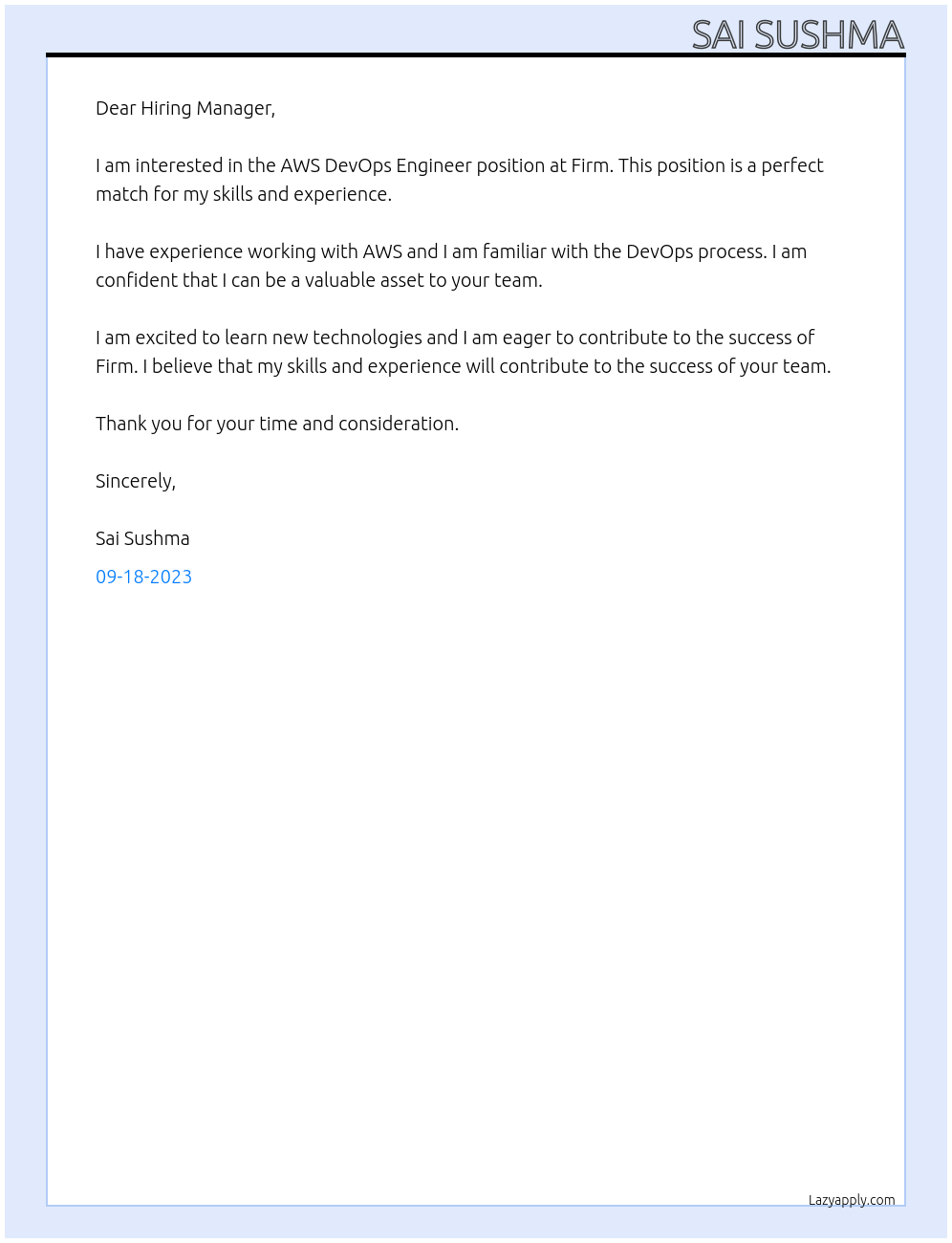 AWS DevOps Engineer At Firm Cover Letter