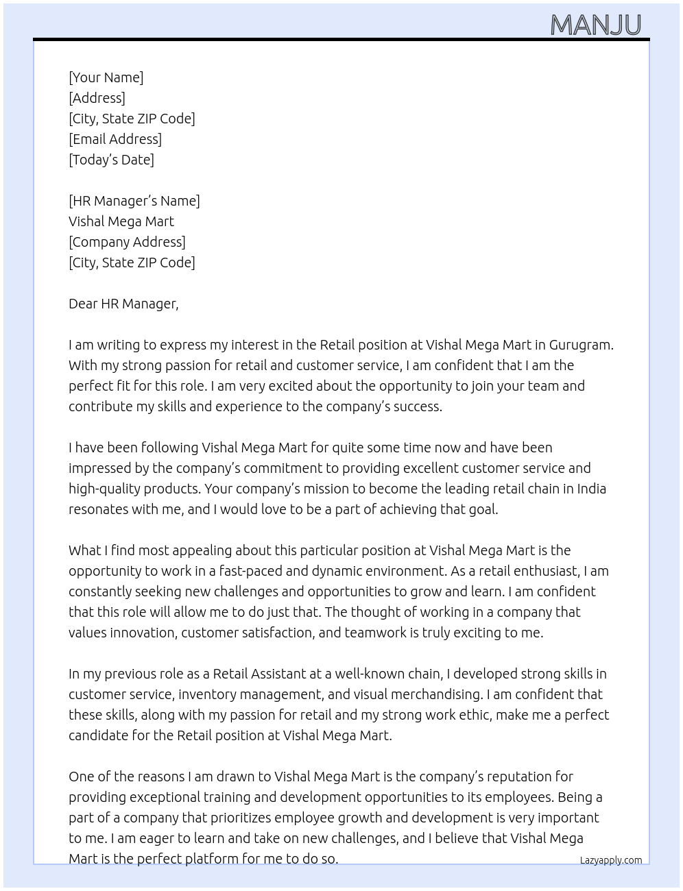 Retail At Vishal Mega Mart Cover Letter