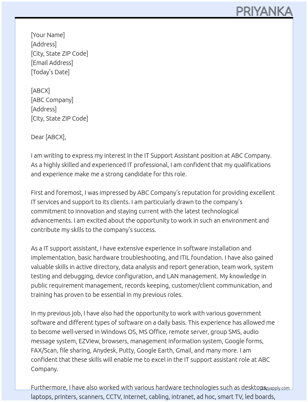 IT support Assistant At ABC Cover Letter