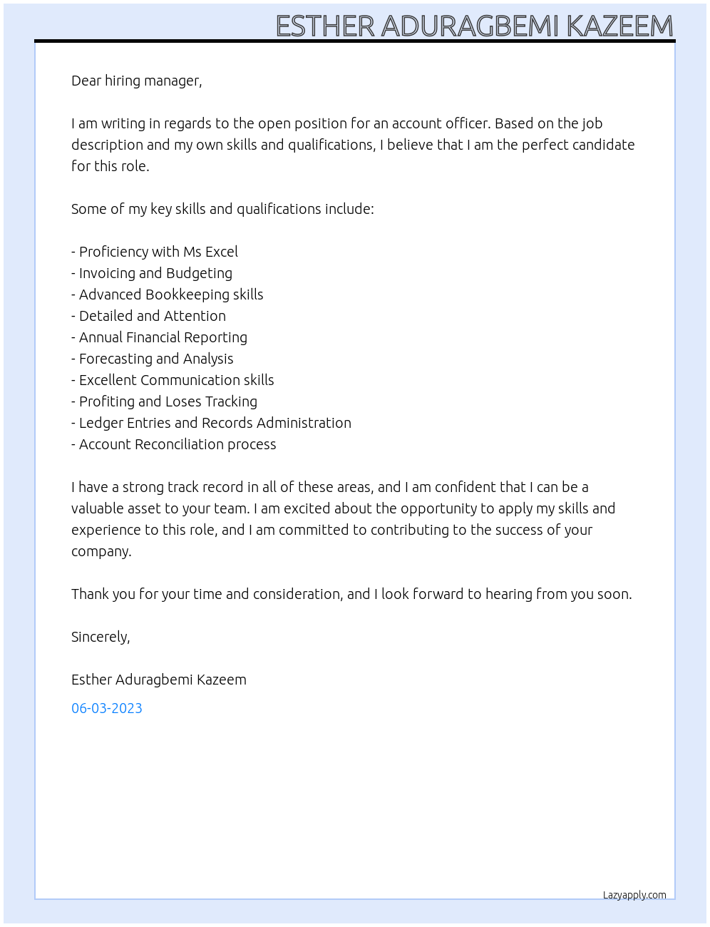 Account officer At ........ Cover Letter