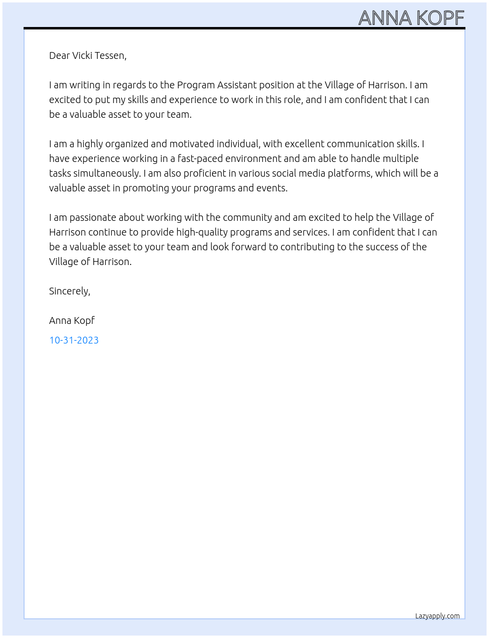 Program Assistant At Village of Harrison Cover Letter