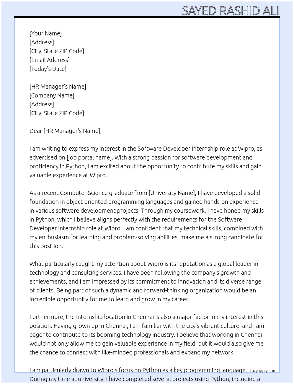 Software devloper At Wipro Cover Letter