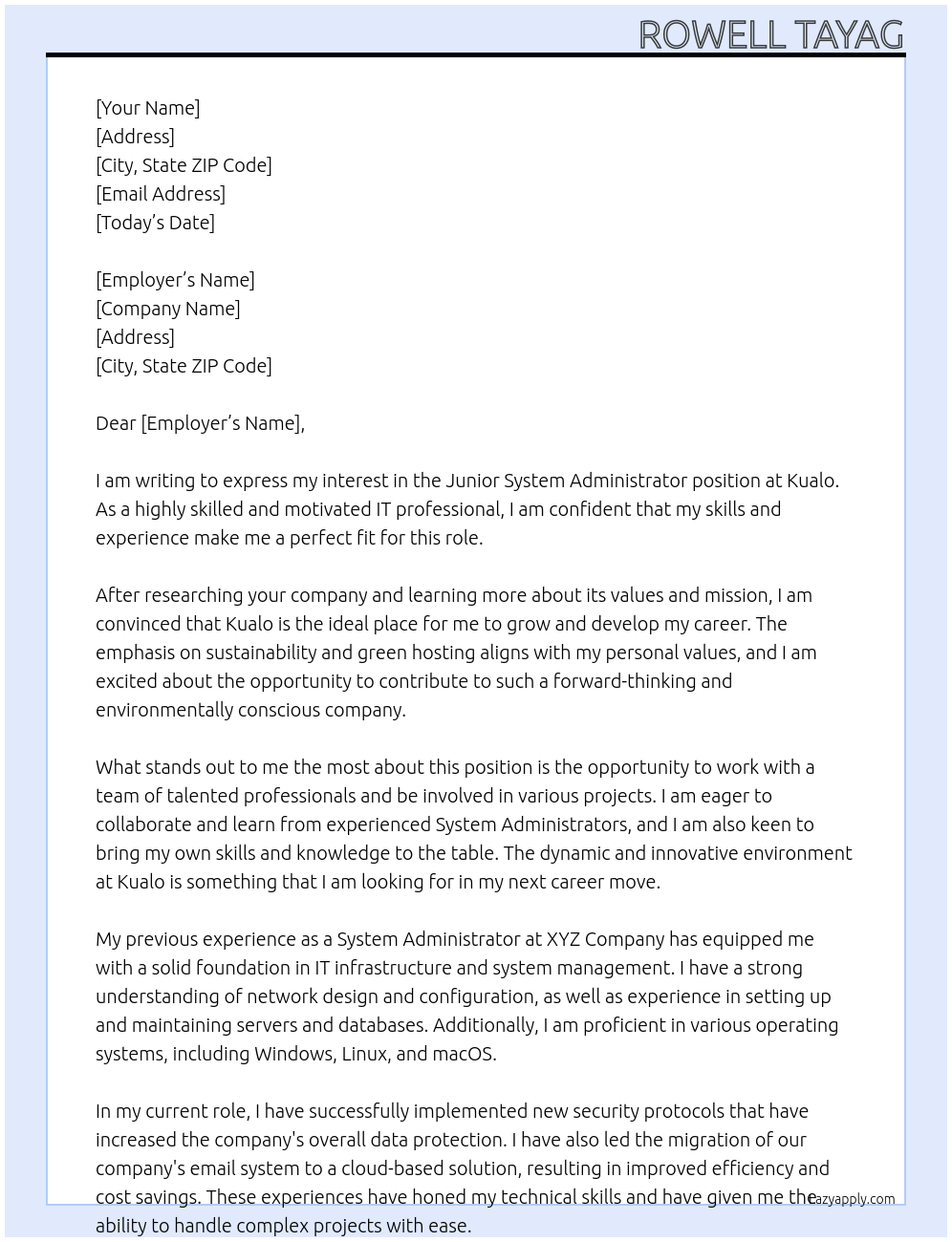 Cover letter for junior system administrator - LazyApply