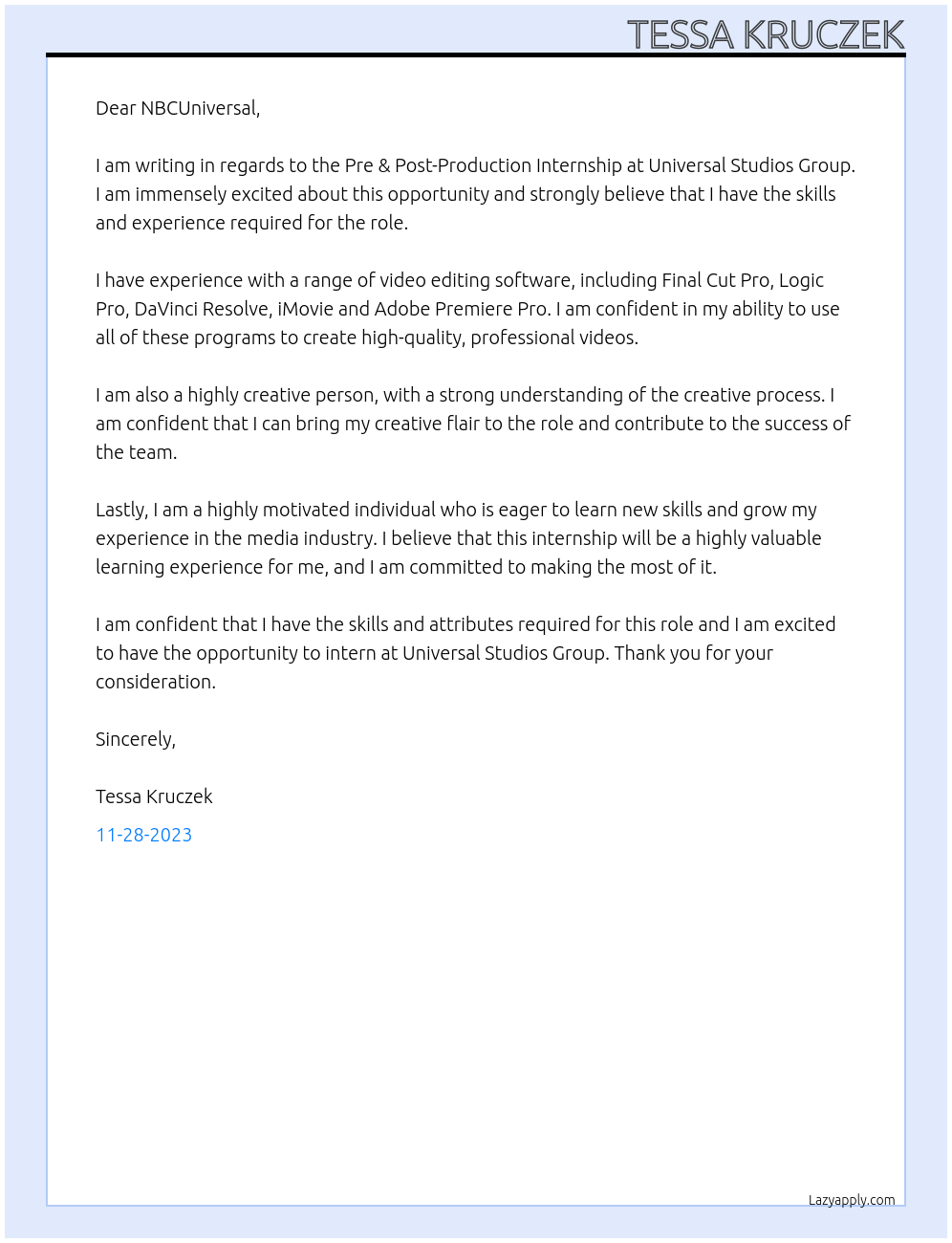 Universal Studio Group - Pre & Post-Production Internship At NBCUniversal Cover Letter