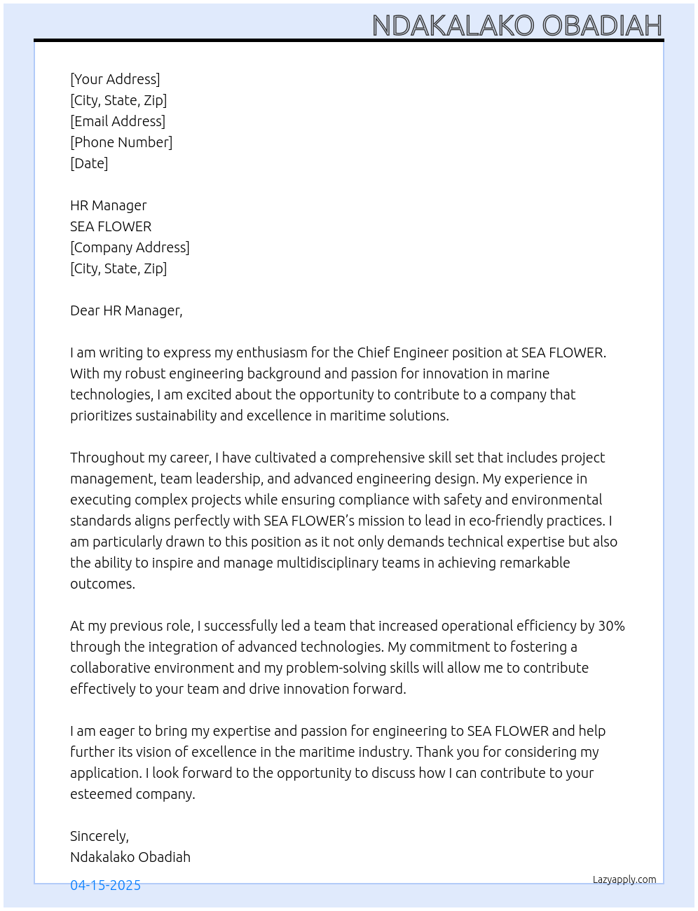 Chief Engineer At SEA FLOWER Cover Letter