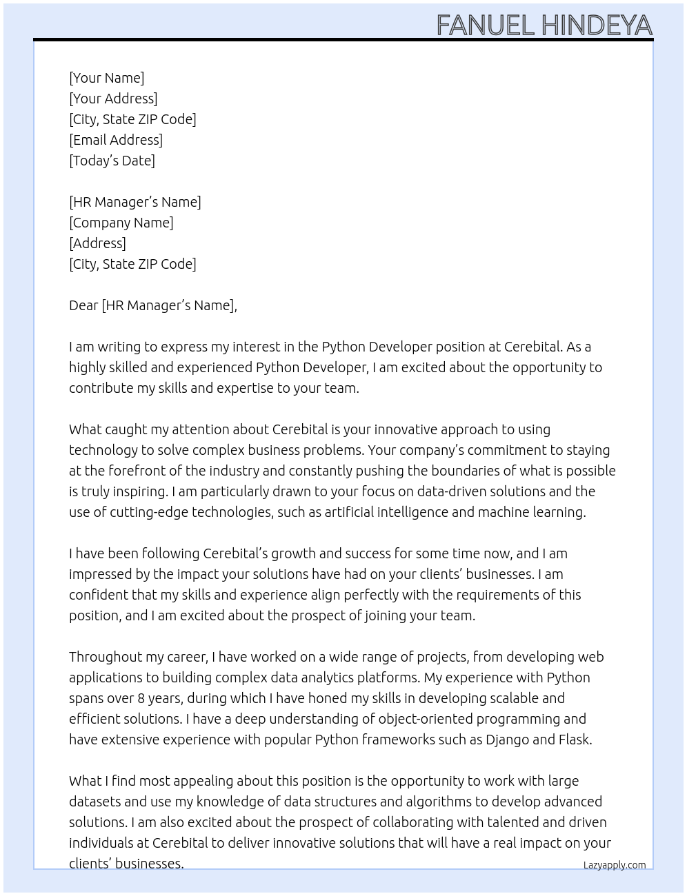 Python Developer At Cerebital Cover Letter