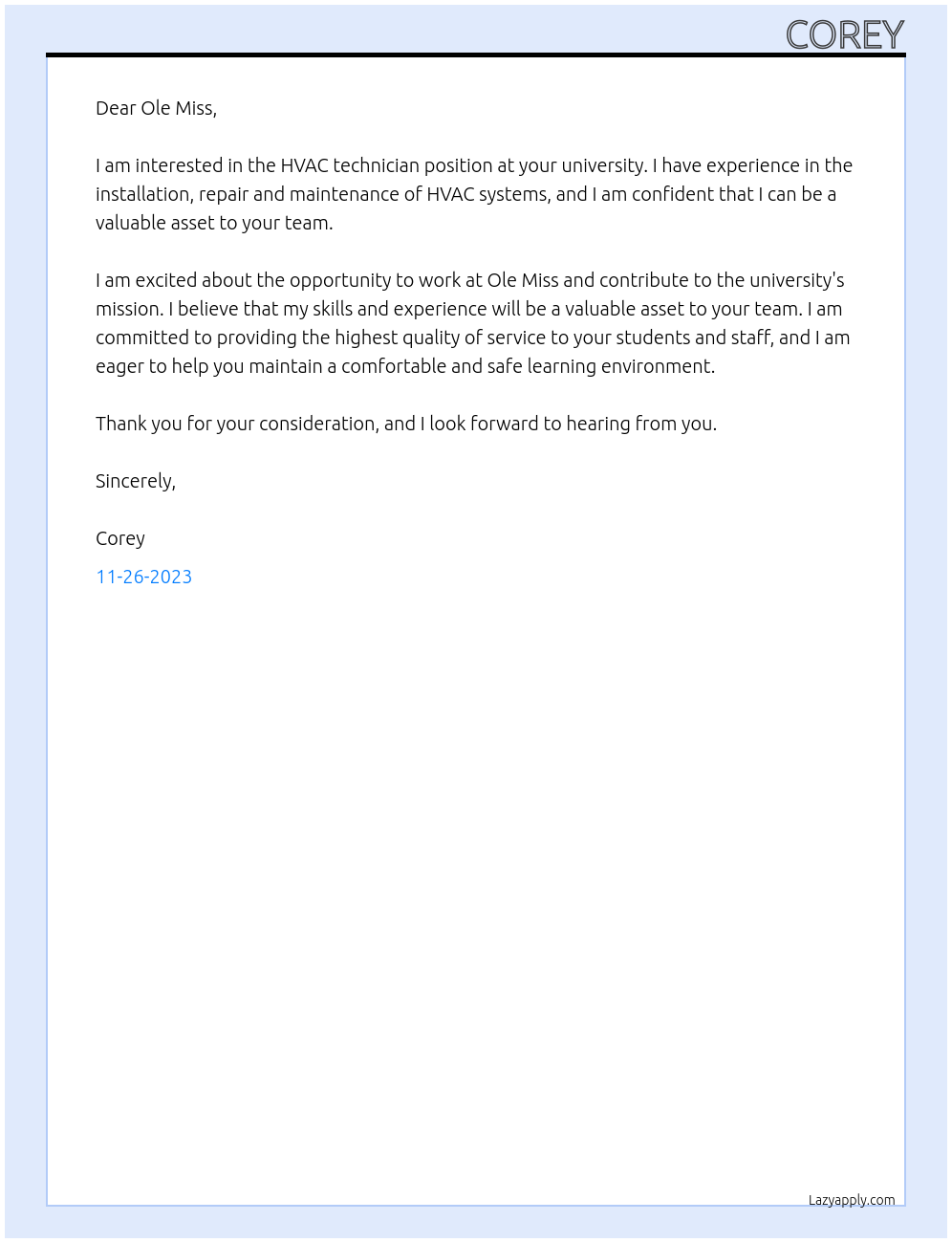 HVAC technician At Ole MIss Cover Letter