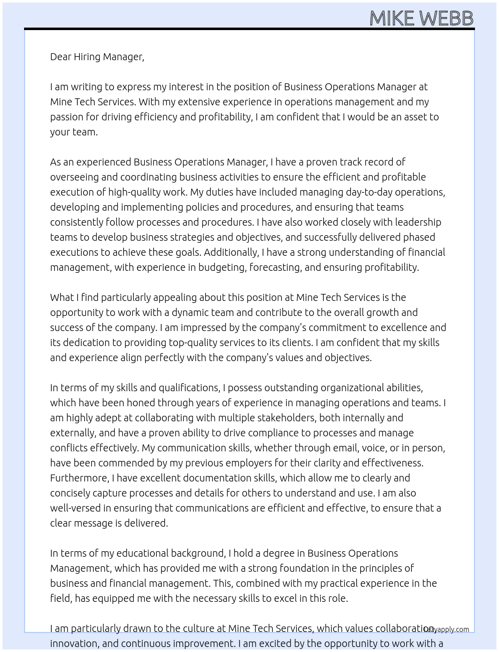 Business Operations Manager At Mine Tech Services Cover Letter