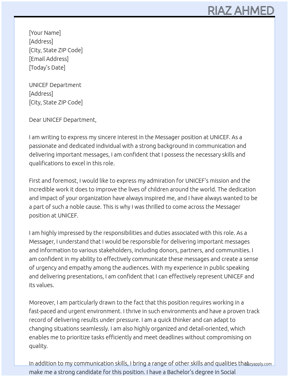 Messager  At UNICEF  Cover Letter
