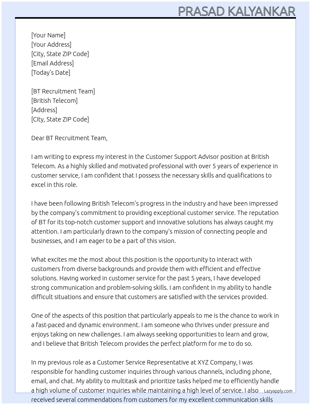 Customer Support Advisor At British Telecom Cover Letter