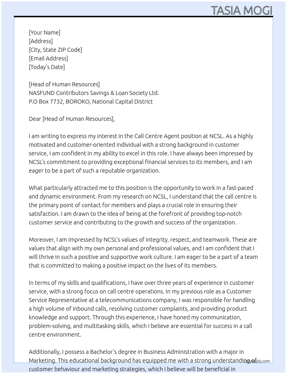 Call centre agent At NCSL Cover Letter