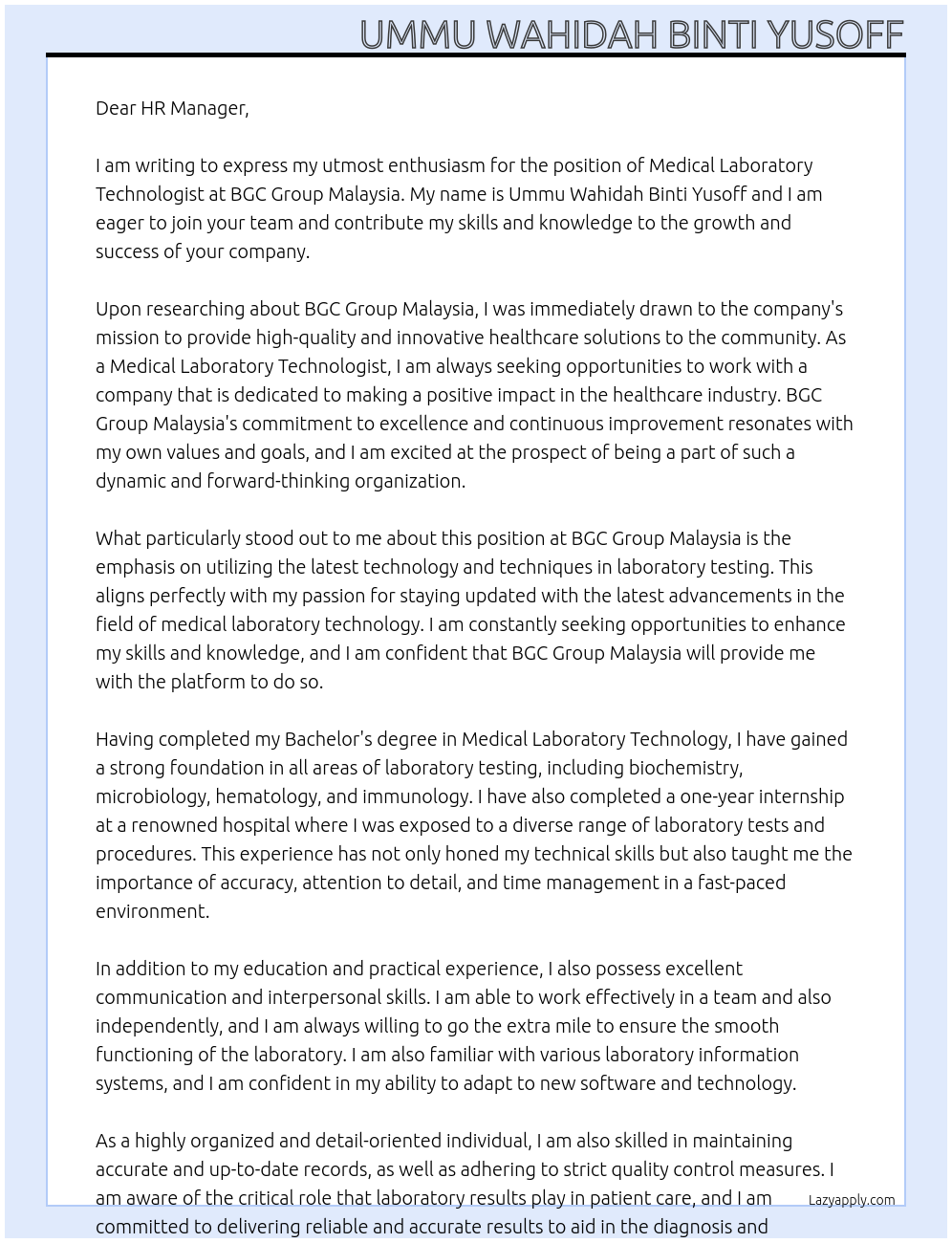 Medical Laboratory Technologist At BGC Group Malaysia Cover Letter