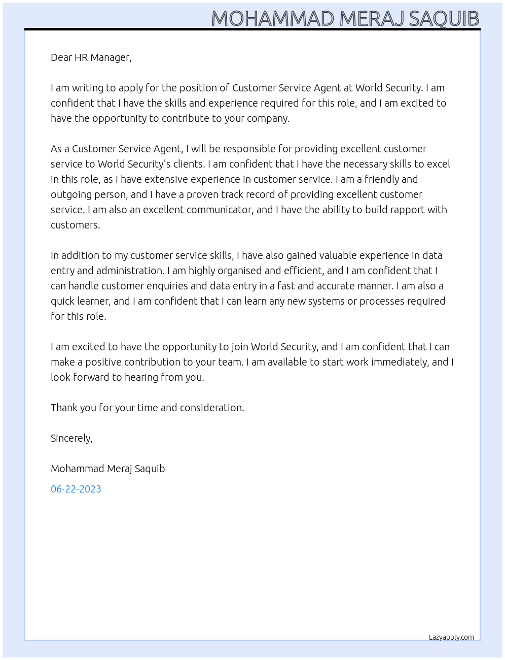 Customer Service Agent At World Security Cover Letter