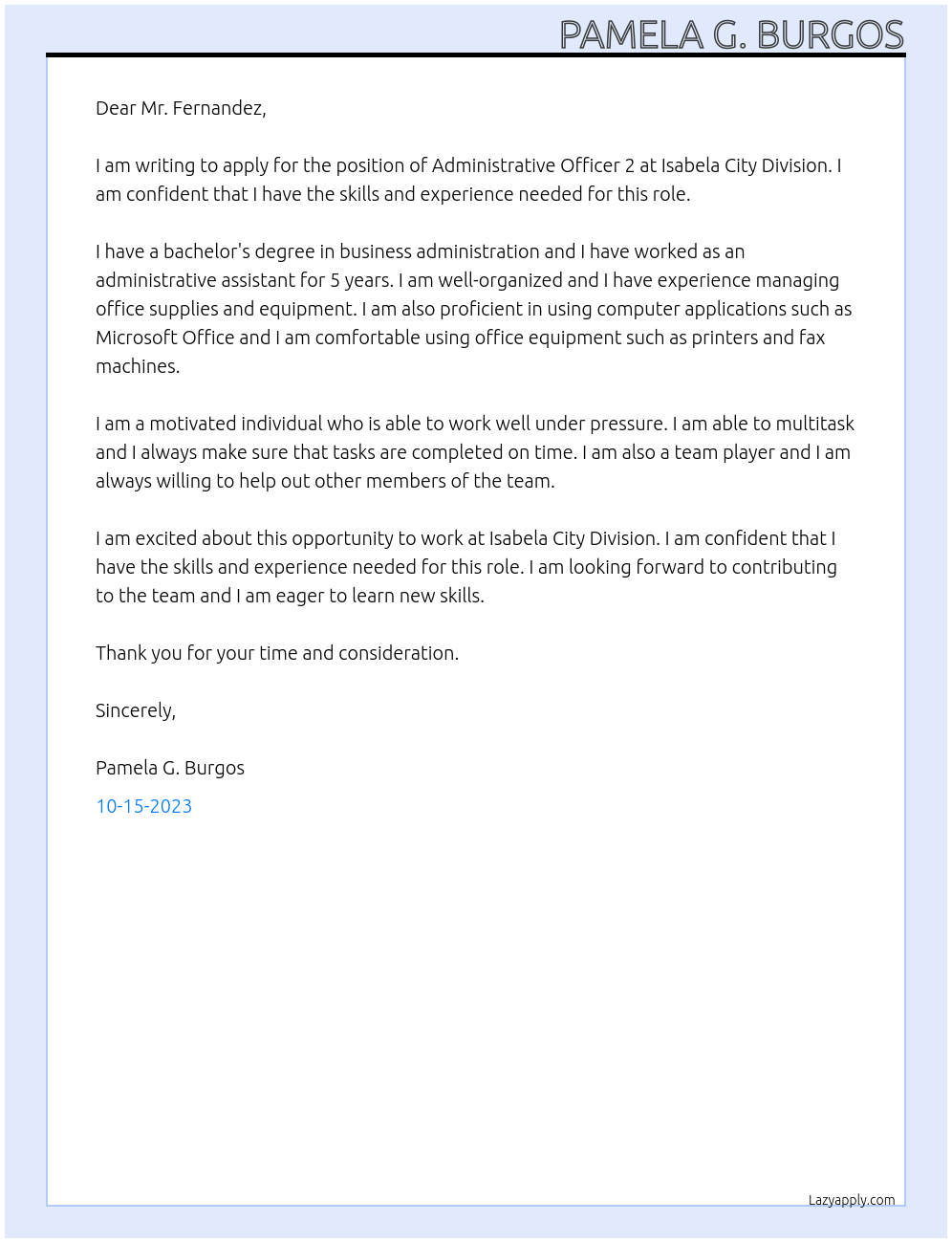 Administrative Officer 2 At Isabela City Division Cover Letter