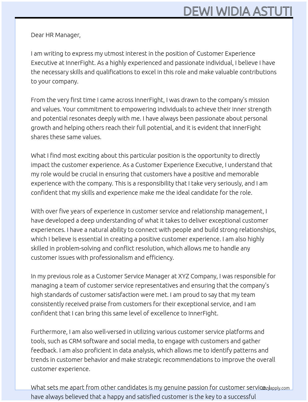 Customer Experience Executive At  InnerFight Cover Letter