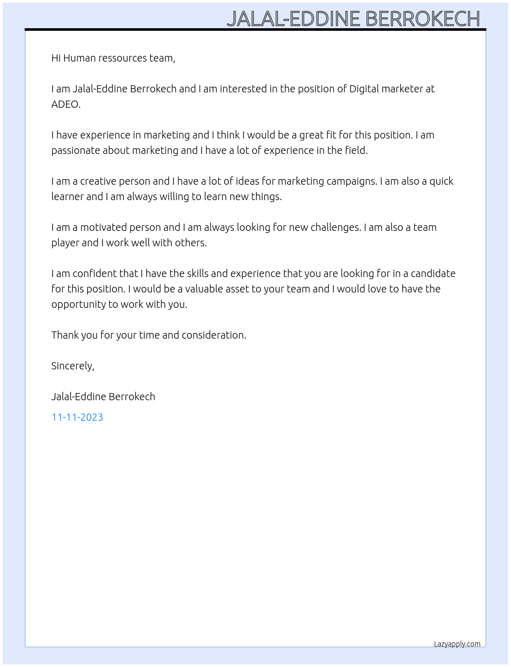 Digital marketer At ADEO Cover Letter