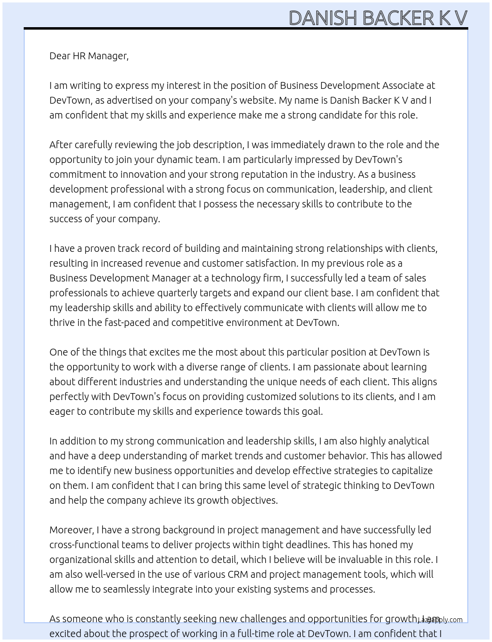 Business development associate At DevTown Cover Letter