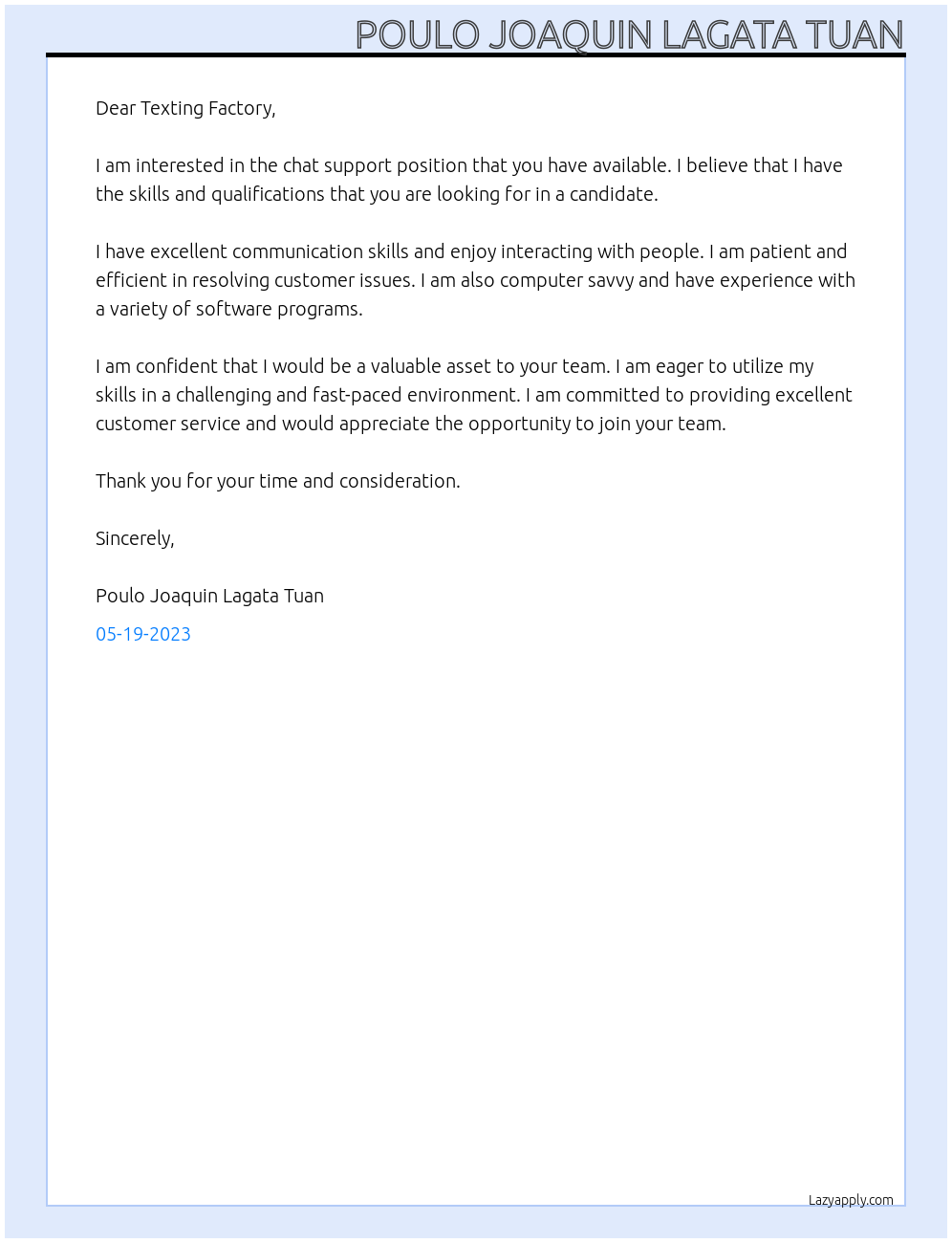 chat support At texting factory Cover Letter