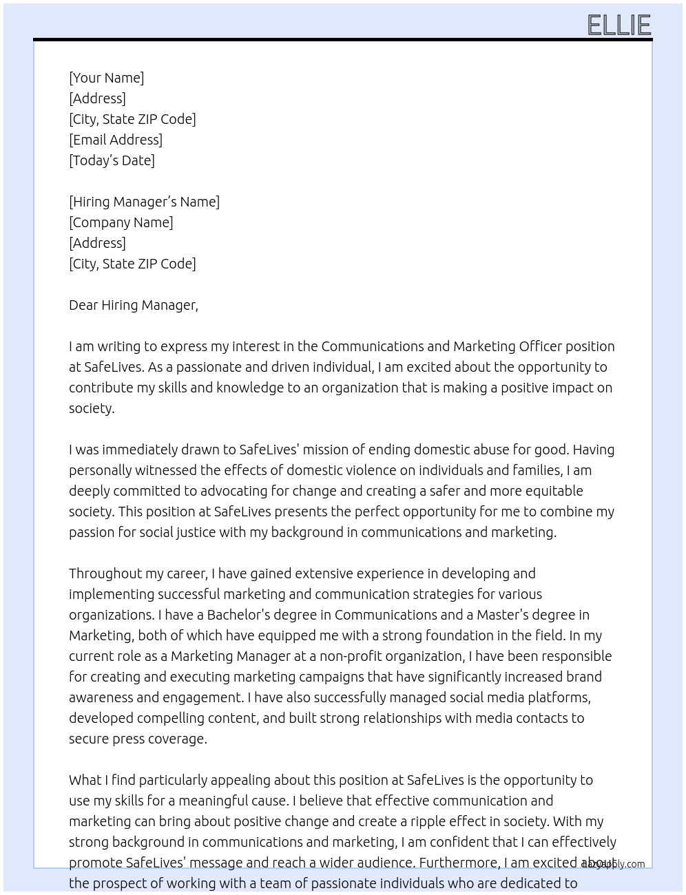 Communications and Marketing Officer At SafeLives Cover Letter