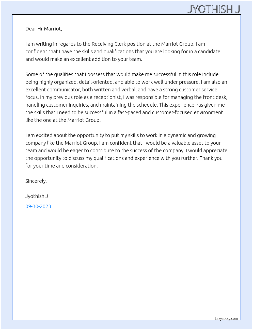 Receiving Clerk At Marriot Group Cover Letter