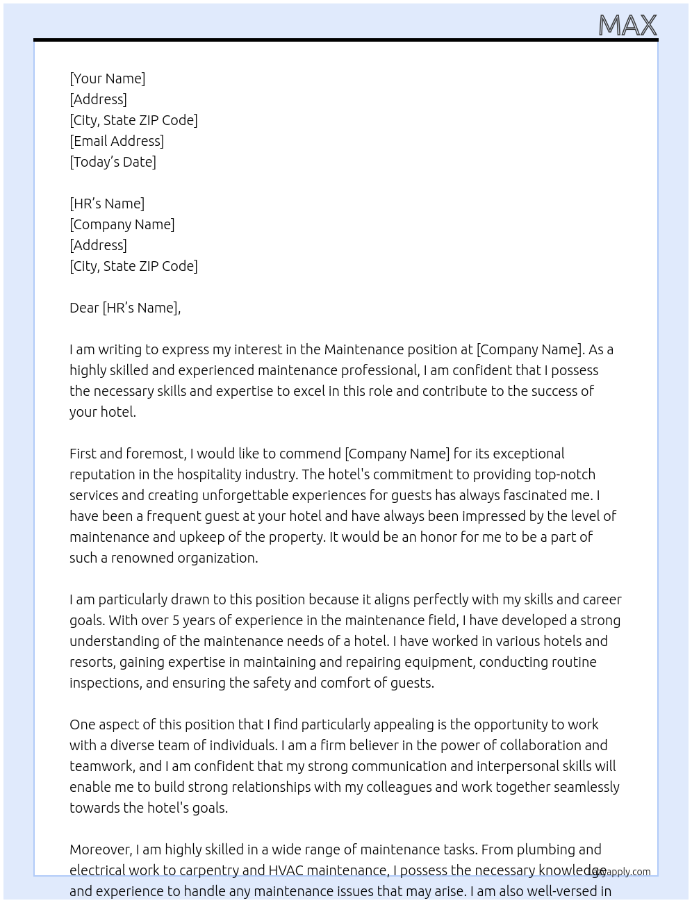 maintenance At hotel Cover Letter