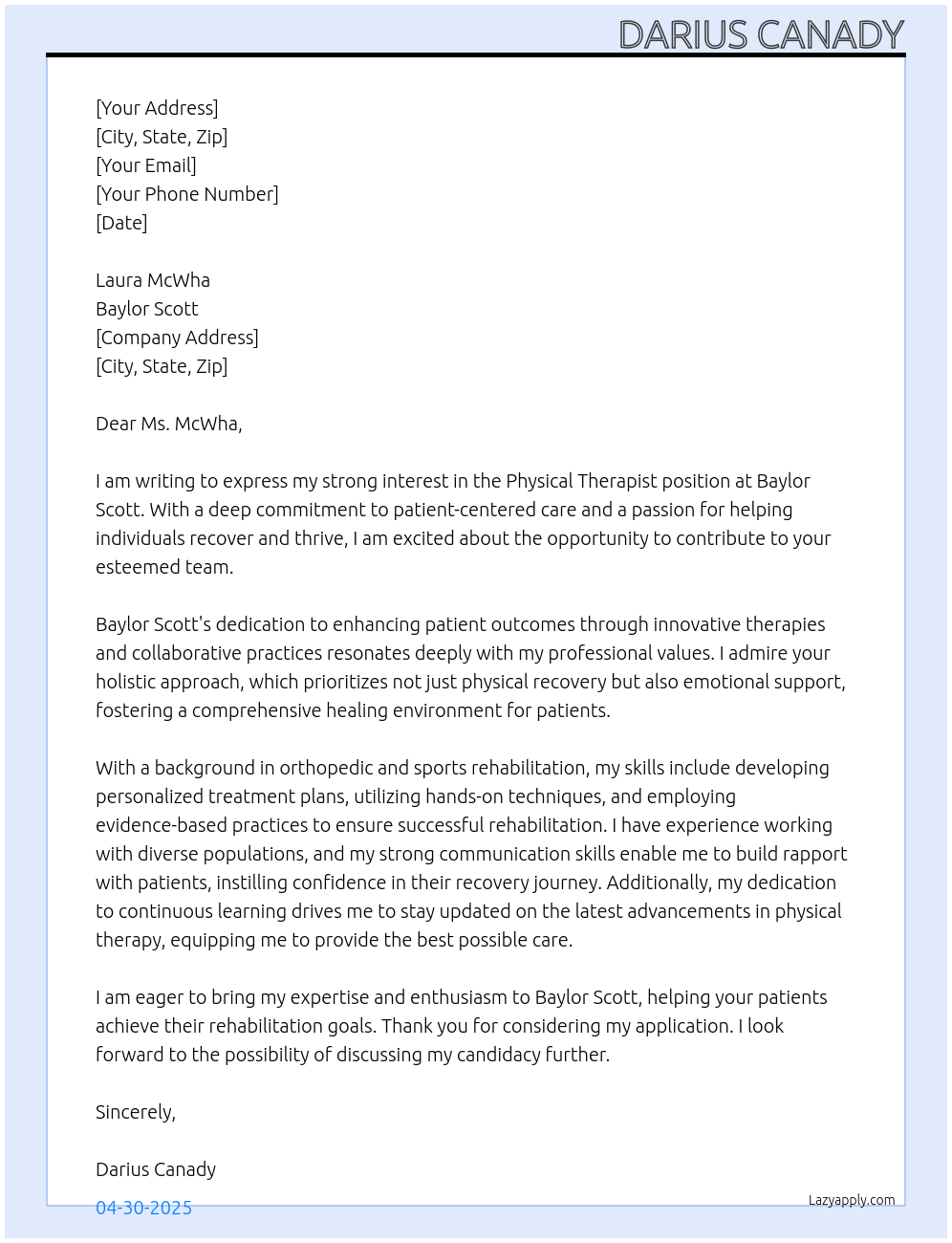 physical therapist At baylor scott Cover Letter
