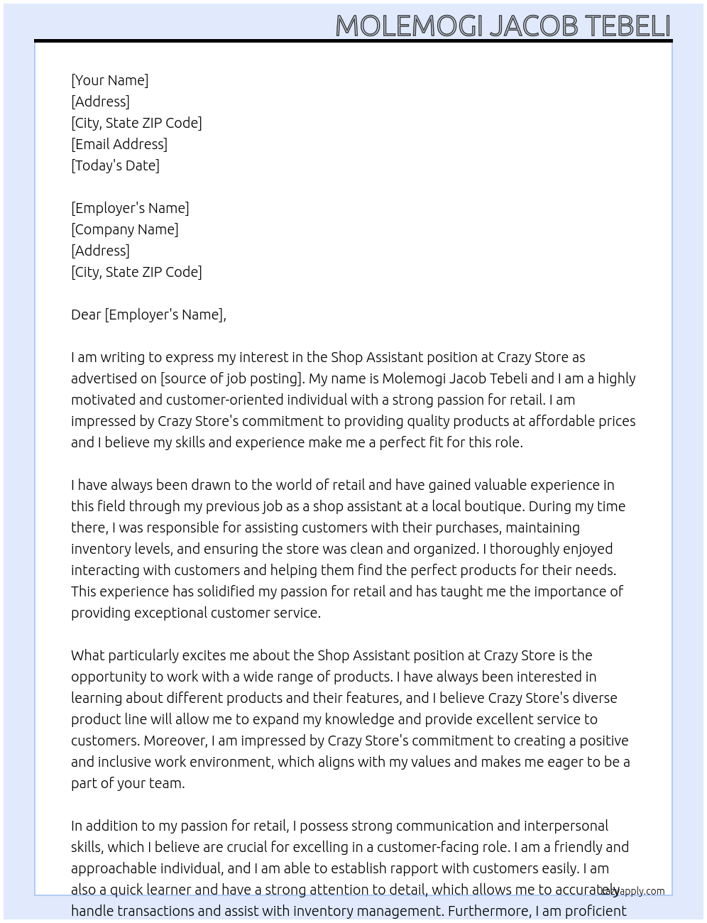 Shop assistant At Crazy store Cover Letter