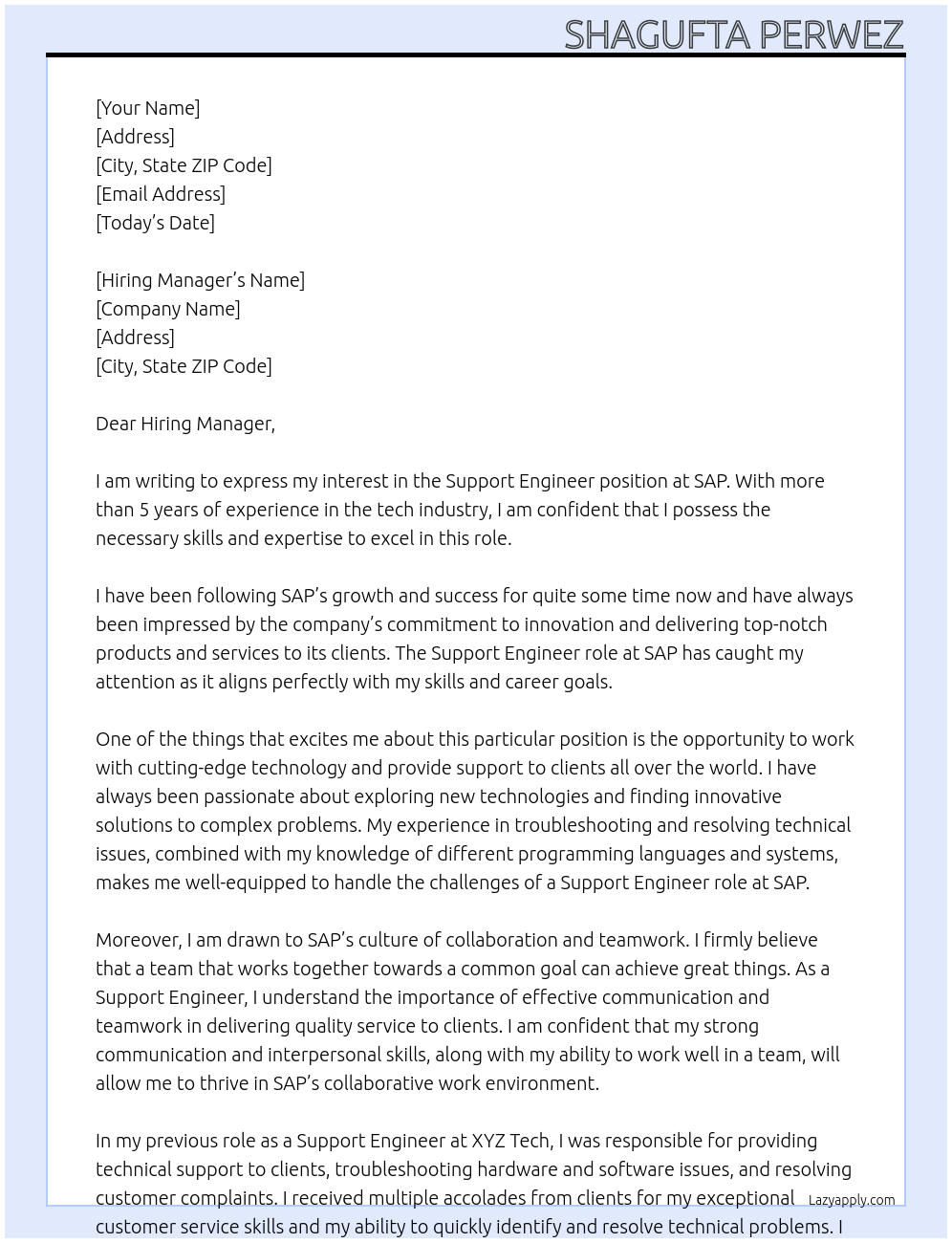 Support Engineer At SAP Cover Letter