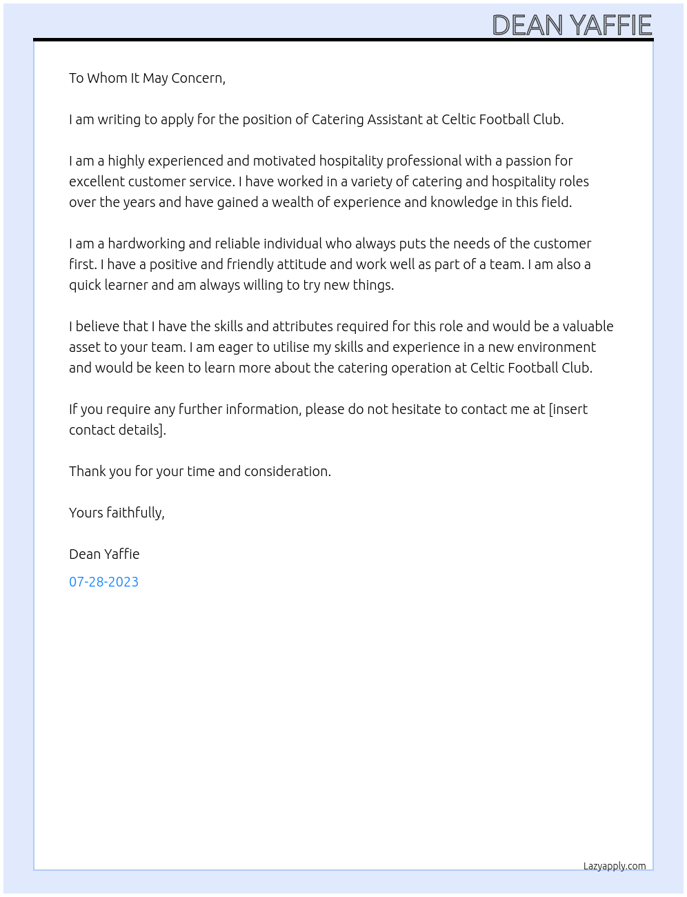 Catering Assistant At Celtic Football Club Cover Letter
