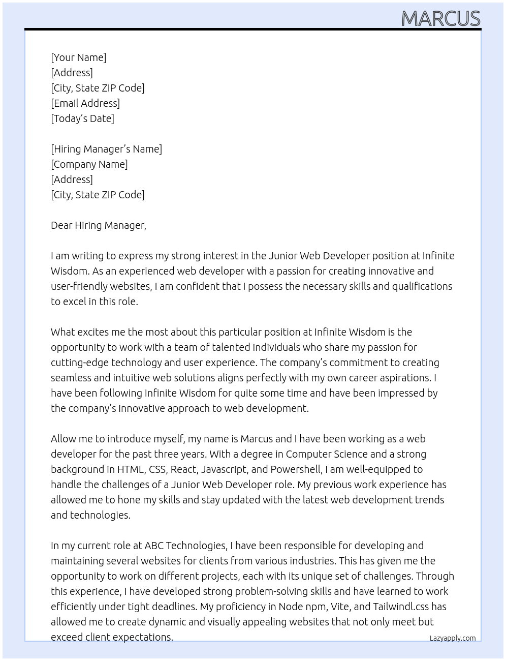 Junior Web Developer At Infinite Wisdom Cover Letter