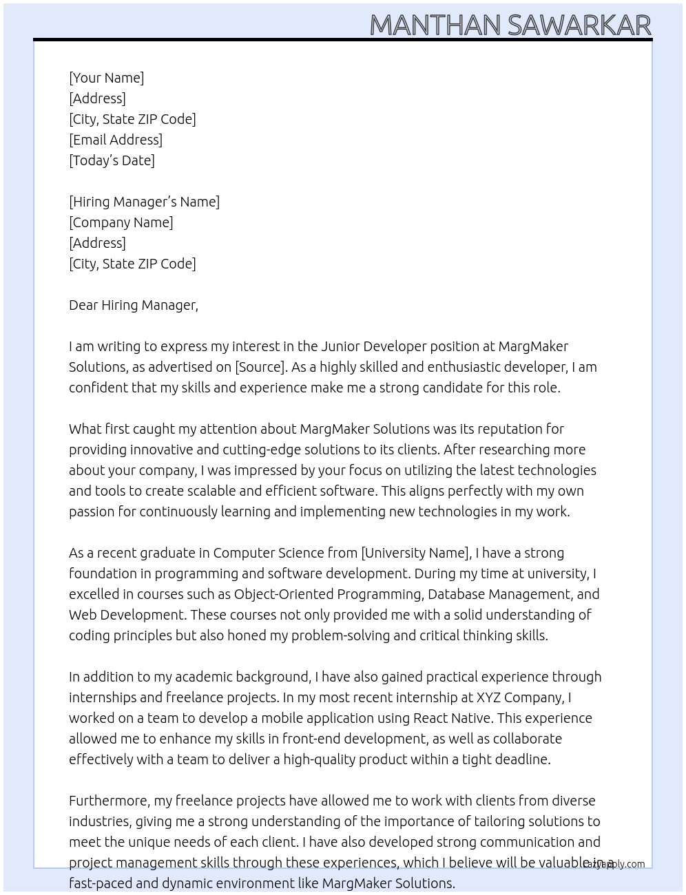 junior developer At MargMaker Solutions Cover Letter