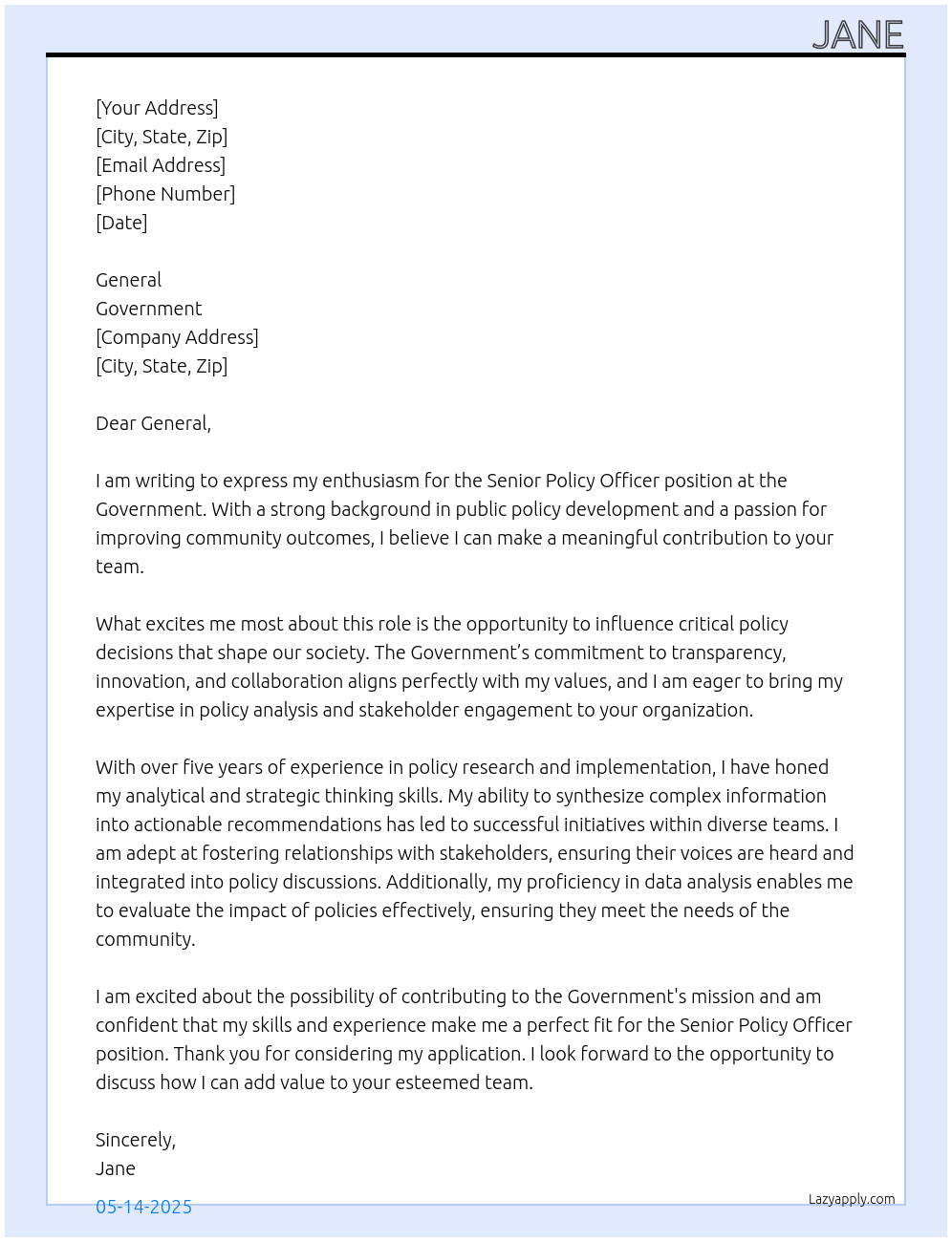 Senior Policy Officer At Government Cover Letter