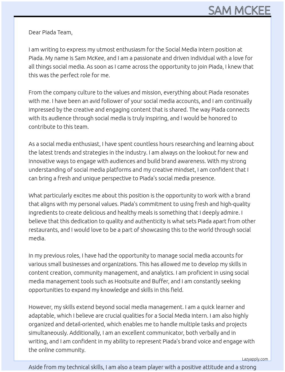 Social Media Intern At Piada Cover Letter