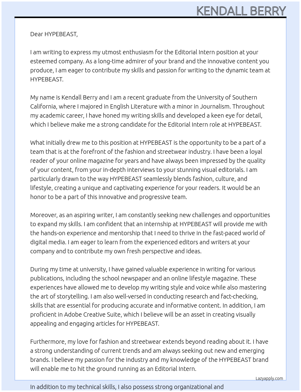 Editorial Intern At HYPEBEAST Cover Letter