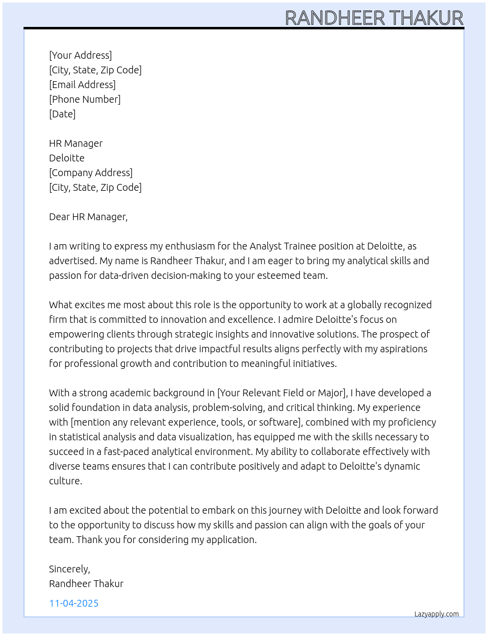 Analyst Trainee At deloitte Cover Letter