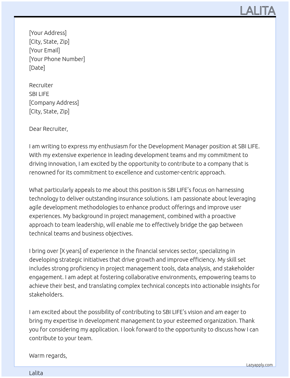 Cover letter for development manager - LazyApply