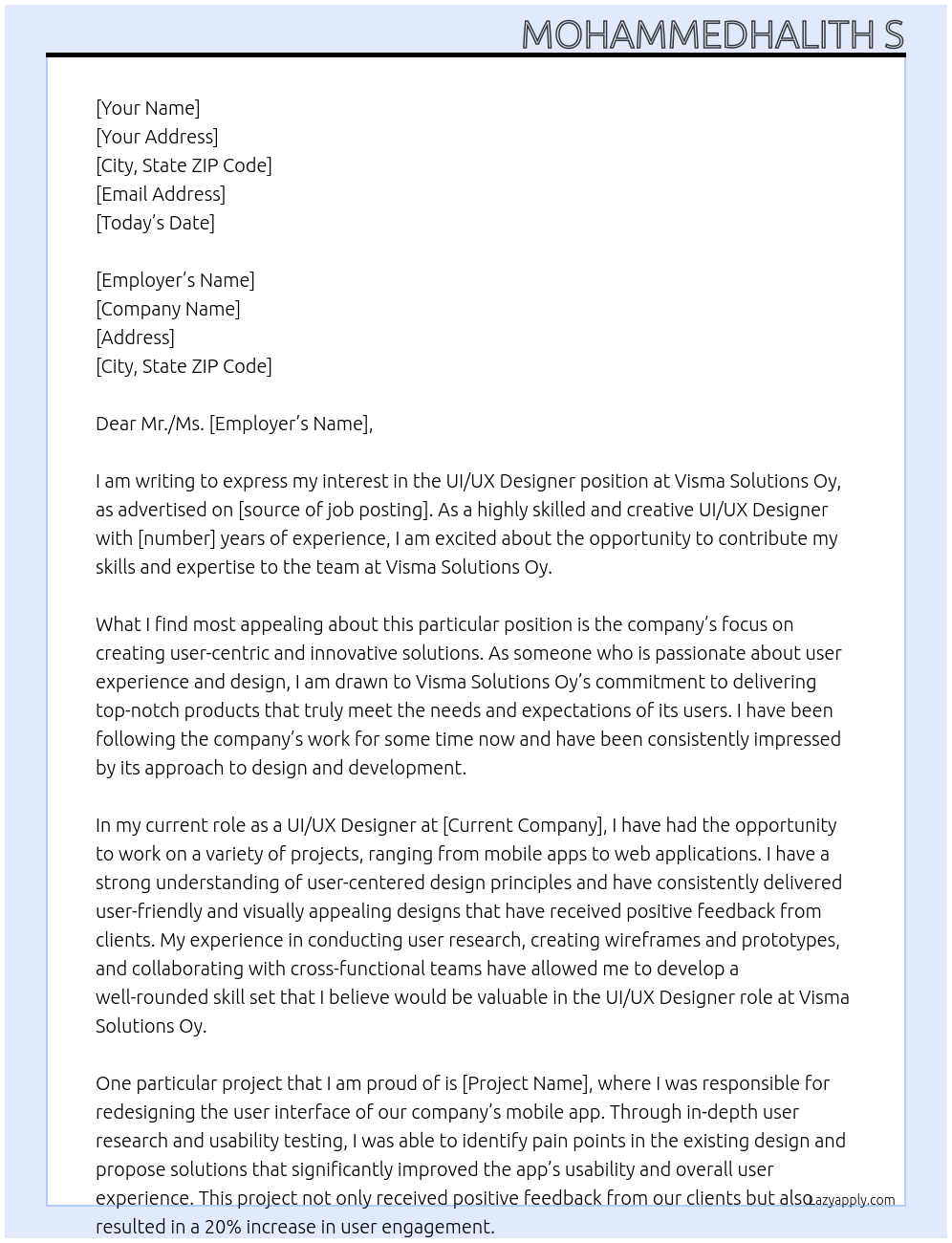 UI/UX Designer At Visma Solutions Oy Cover Letter