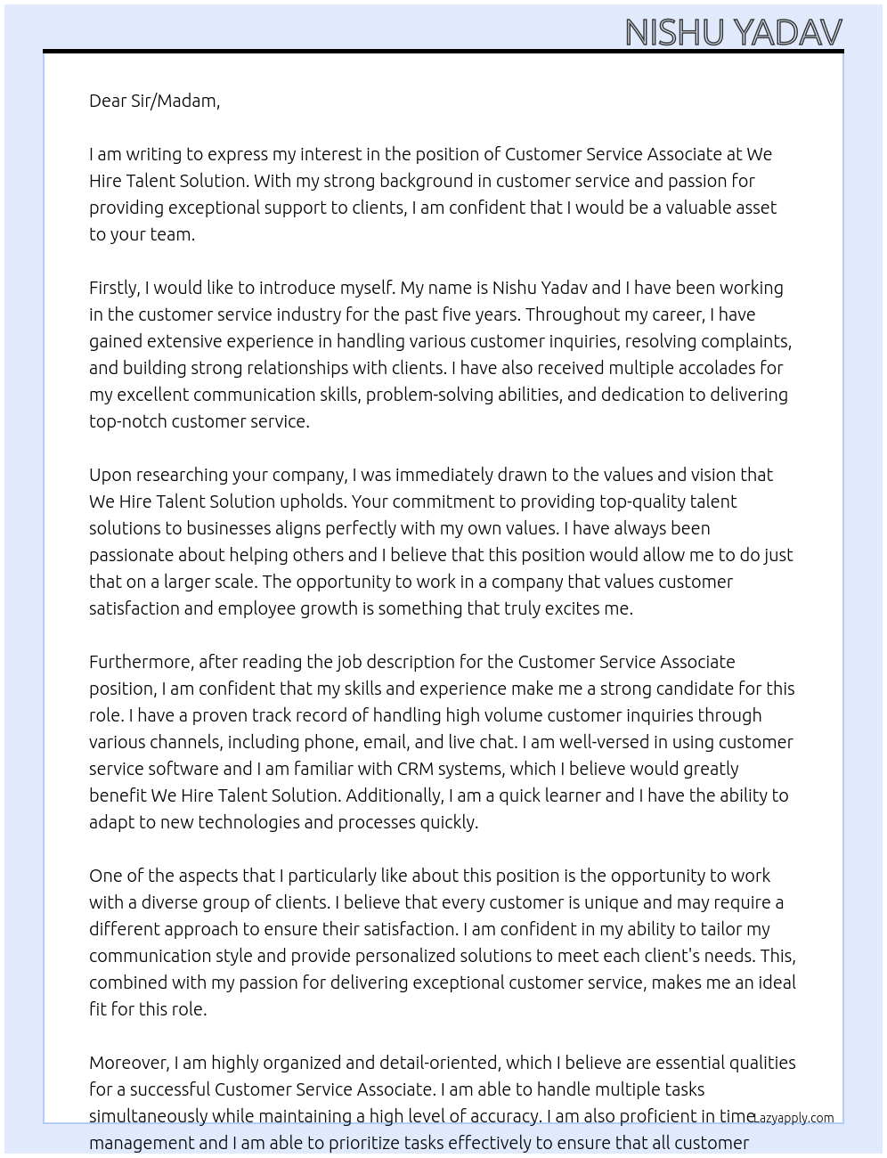 customer service associate At We hire Talent solution Cover Letter