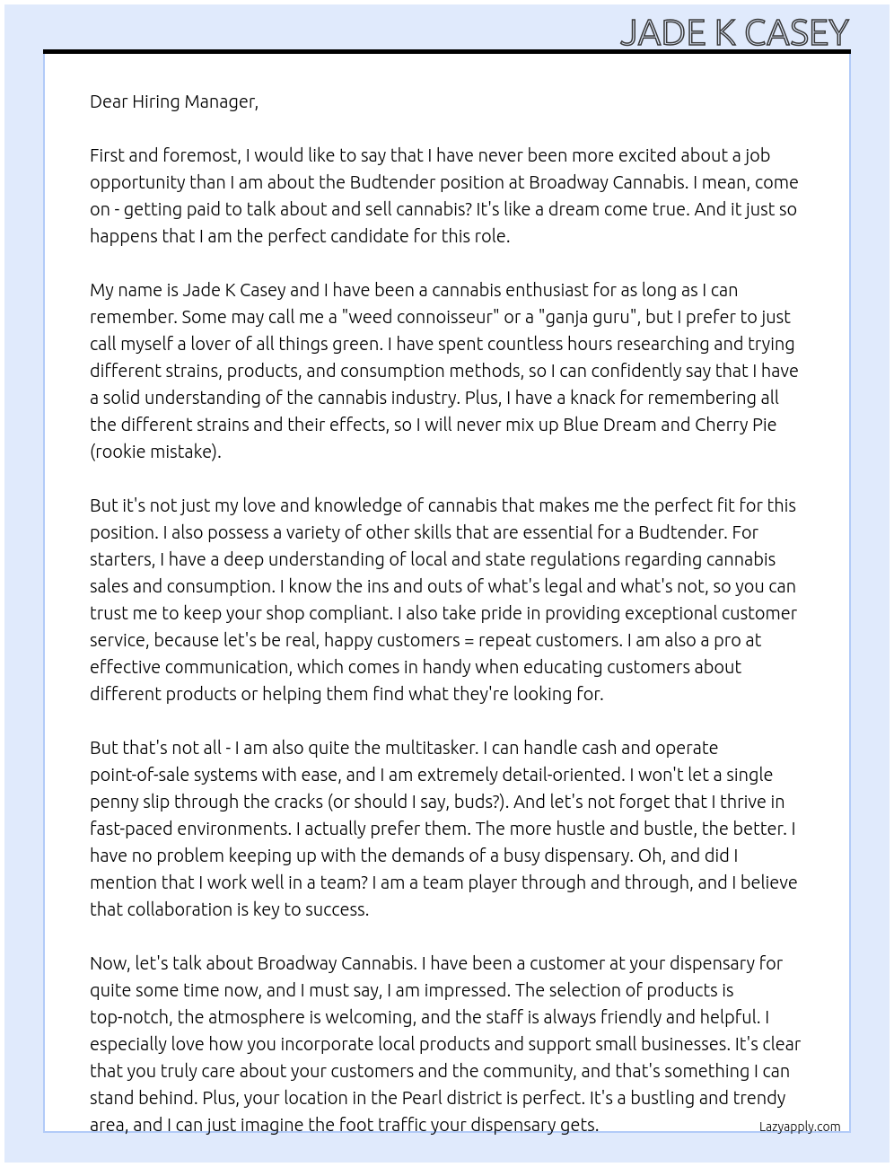 Budtender At Broadway Cannabis Cover Letter
