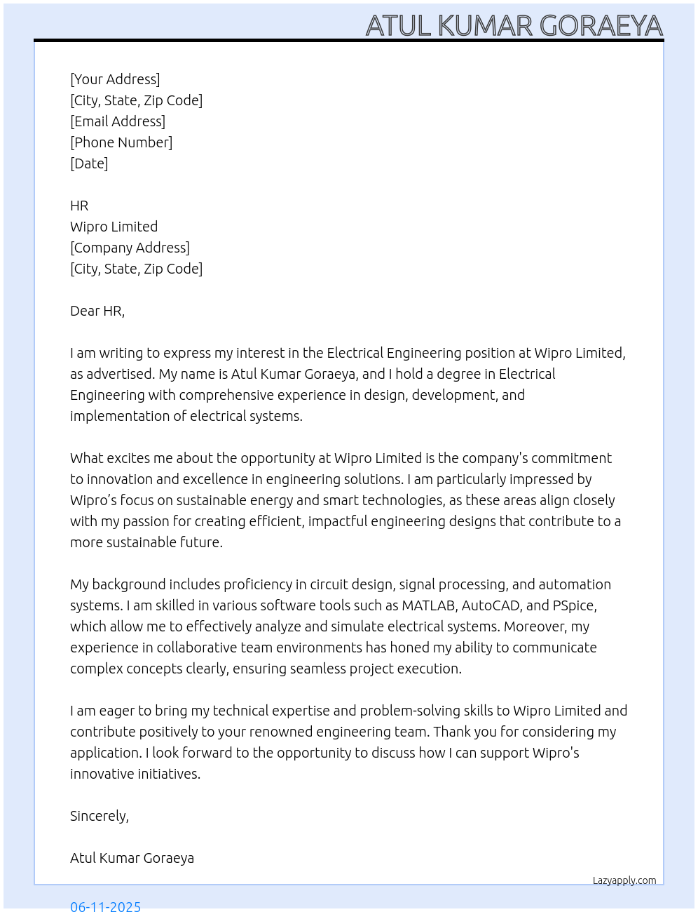 Electrical Engineering At Wipro Limited Cover Letter