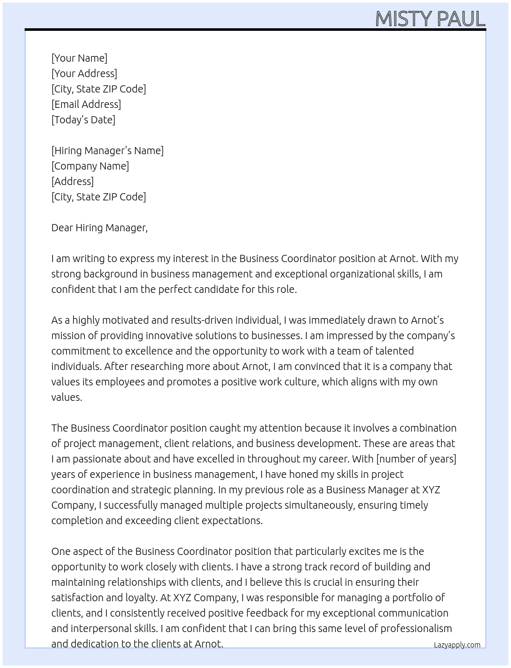 Business Coordinator At Arnot Cover Letter