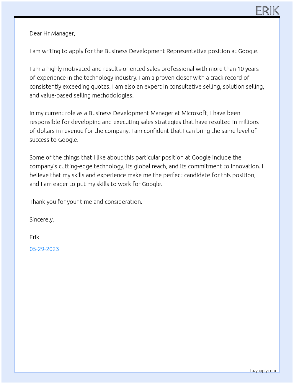 Business Development Representative At Google Cover Letter