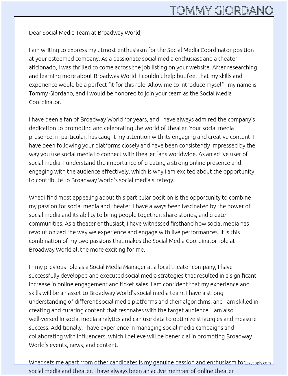 Social Media Coordinator At Broadway World Cover Letter