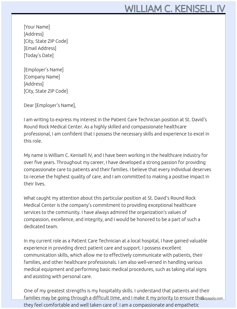 Patient Care Technician At St. David's Round Rock Medical Center Cover Letter