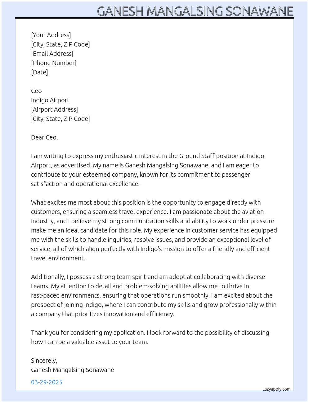 Ground staff Indigo airport At Indigo airport Cover Letter